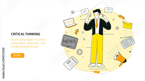 Critical thinking, Vector flat graphic design. News filter, flat vector landing page template.