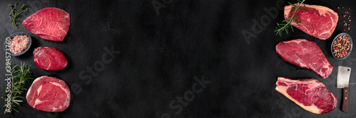 Panel kuchenny z motywem Meat panorama. Various beef steaks, shot from the top on a black background with copy space