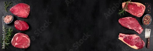Panel kuchenny z motywem Meat panorama. Various beef steaks, shot from the top on a black background with copy space
