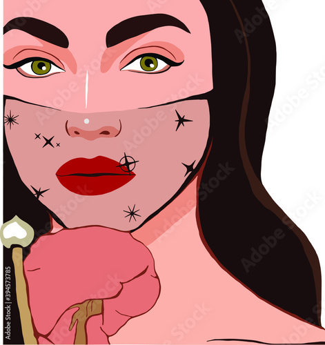 Beautiful face of woman with long hair isolated on white background. Girl in a fashionable protective mask. Girl with a flower. Vector image