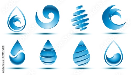 Vector collection of abstract blue water drop logo design with shadow on white background.