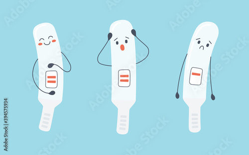 A set of pregnancy test characters with positive and negative results. Pregnancy planning and unexpected pregnancy. Vector illustration