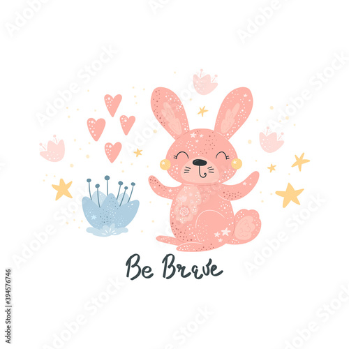 Greeting card cute cartoon Rabbit with flower on a white background. Be Brave card. Vector print. © iryna_boiko