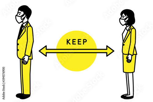 Social distancing, Man and woman keep a distance. Vector illustration.