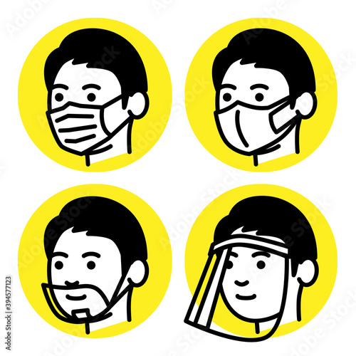 Men with medical mask, mouth shield and face shield. Vector illustration.