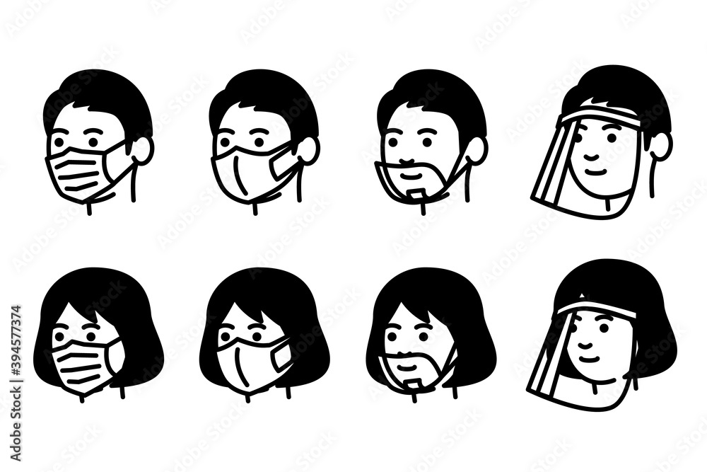 Men and women with medical mask, mouth shield and face shield. Vector illustration. Men and women with medical mask, mouth shield and face shield. Vector illustration.