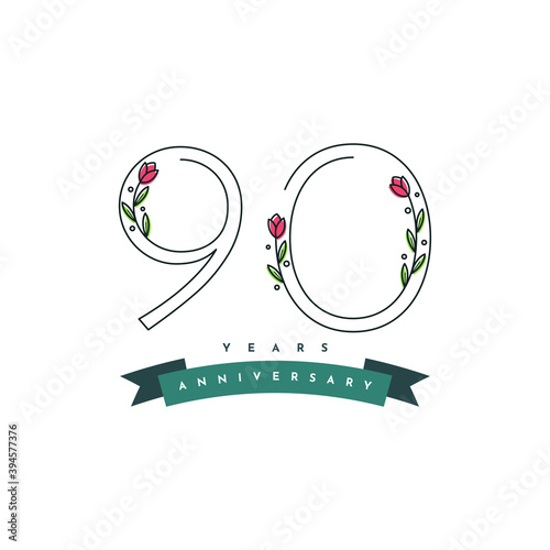 90 years anniversary celebration with floral flowers ilustration template design