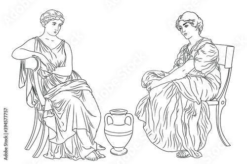 Two ancient Greek Woman sits on a chairs near a jug of wine. Figure isolated on white background.