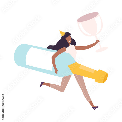 Young Woman Running with Giant Bottle of Champagne and Glass, Tiny Person Celebrating Birthday or Important Event Cartoon Style Vector Illustration