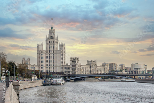 One Of Seven Stalin Skyscrapers: High-rise building on Kotelnicheskaya embankment and Moskva-river. Moscow, Russia