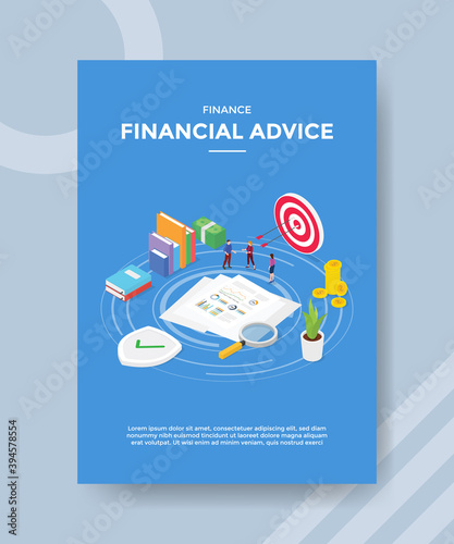 financial advice people standing around document book stack money arrow target board for template of banners, flyer, books cover, magazines