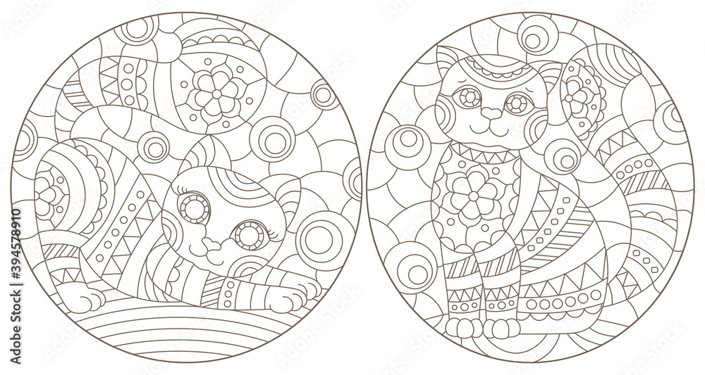 Set of outline illustrations in the style of stained glass with abstract cats , dark outlines on white background