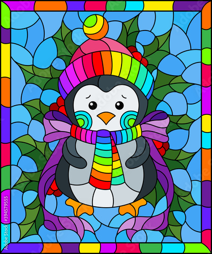 Illustration in stained glass style on the theme of the winter holidays of Christmas and New year, a toy penguin on the background of Holly branches