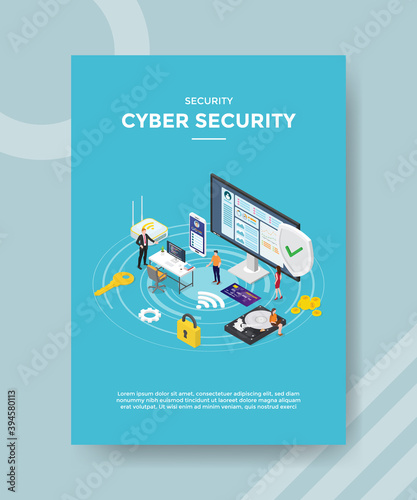 security cyber security people standing around computer laptop smartphone router hard disk padlock for emplate of banners, flyer, books cover, magazines