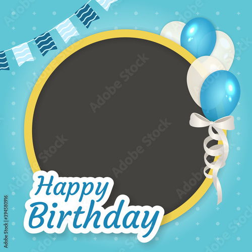 Happy birthday with circle frame and balloons