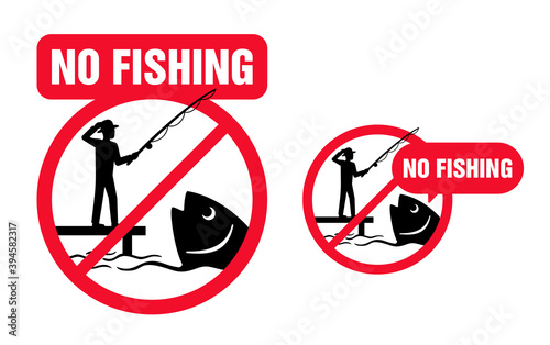 No Fishing allowed prohibition sign - emblem with crossed out confused fisherman that wants to catch a fish - forbidden type of recreation 