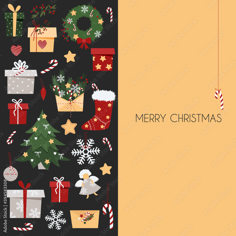 Template for Christmas card or banner. New Year postcard with festive elements. Christmas tree, gifts, snowflake and wreath on a gray background. Vector stock illustration.