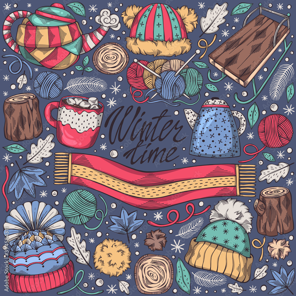 Obraz premium Colorful hand drawn set of winter elements - snowflakes, hat, scarf, knitting and others. Isolated cozy symbols of winter time. Vector illustration