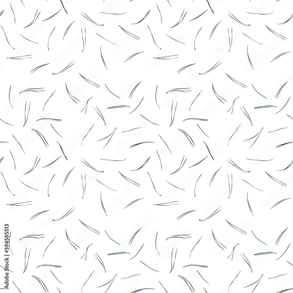  pine needles isolated on white background, seamless pattern. Christmas and New Year background.