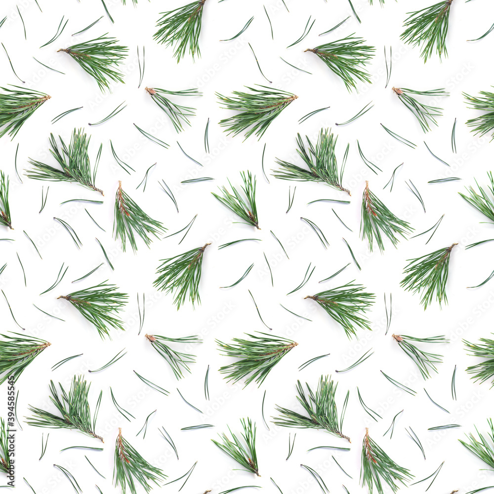 Pine branches and pine needles isolated on white background, seamless pattern. Christmas and New Year background.
