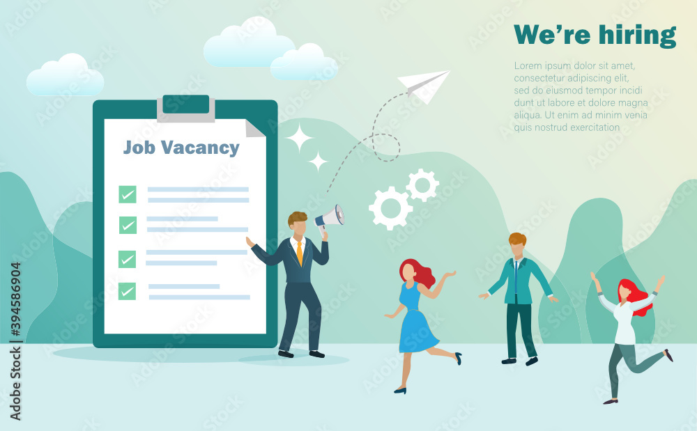 We're hiring and job recruitment concept. Man holding megaphone announce for job vacancy position with man and woman feeling happy when hiring. Vector .