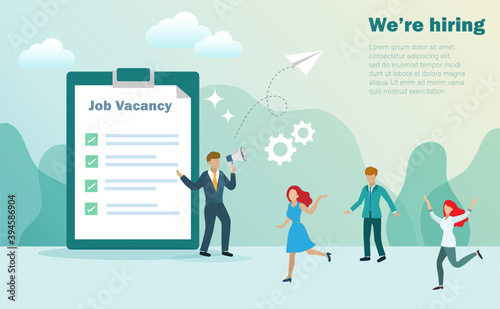 We're hiring and job recruitment concept. Man holding megaphone announce for job vacancy position with man and woman feeling happy when hiring. Vector .