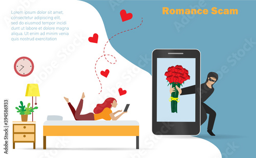 Hacker online chatting with woman and sending rose flowers on smartphone screen.  Idea for romance or dating scam, digital online cyber crime, hacking, phishing and financial security concept.