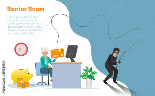 Hacker online phishing credit card information from senior woman. Idea for digital online cyber crime, hacking, phishing, scaming and financial security concept.