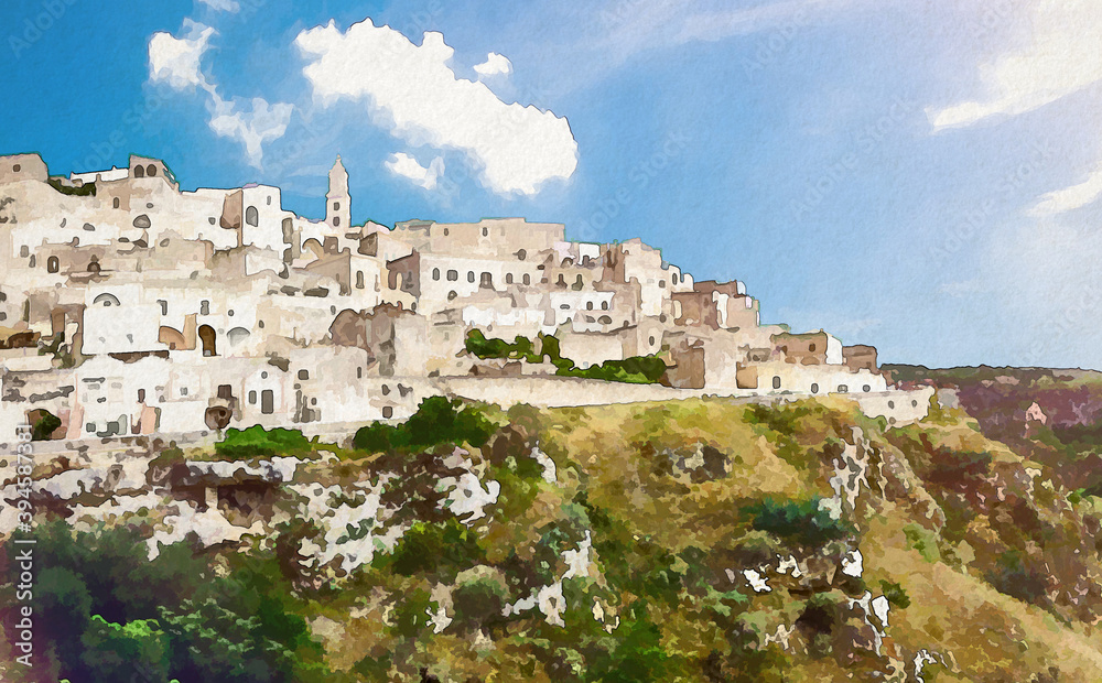Watercolor drawing of Matera view of historical centre Sasso Caveoso of old ancient town Sassi di Matera with rock cave houses, European Capital of Culture, UNESCO World Heritage Site, Southern Italy