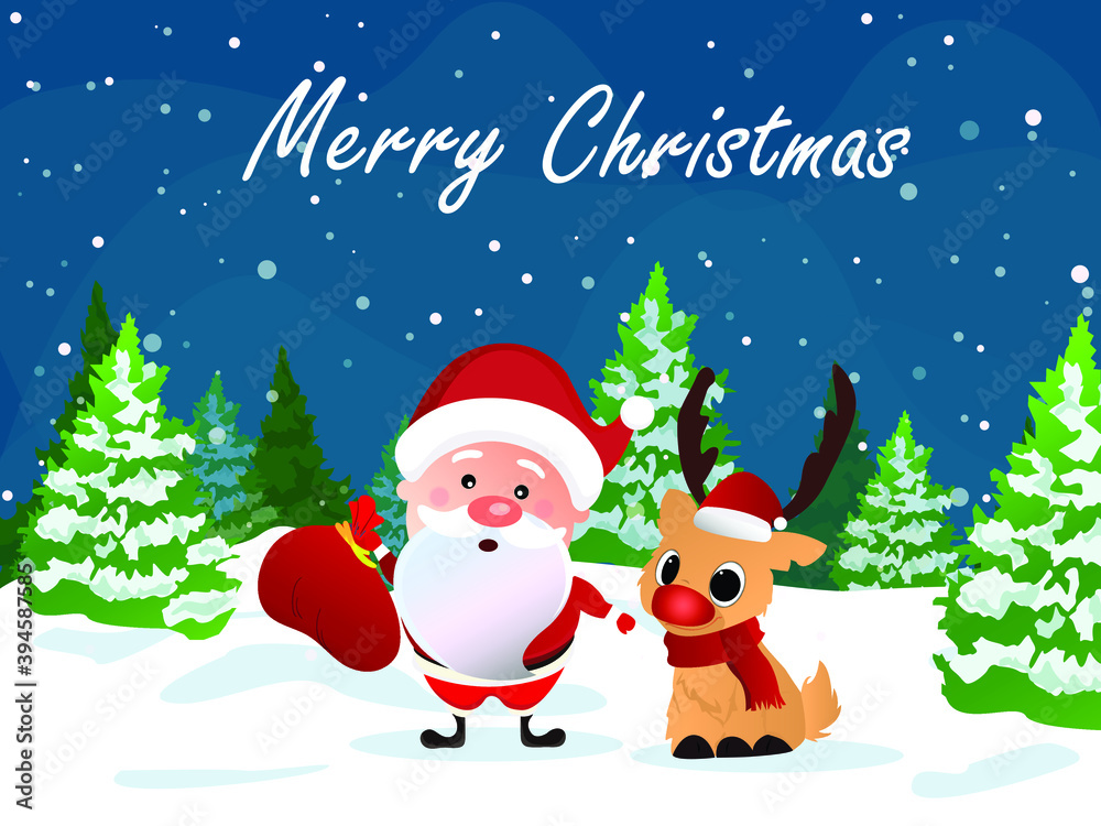 Winter Christmas background with Santa Claus and his reindeer Vector illustration. Snowflakes sky. falling snow and Christmas tree sign, for graphic, landscape, copy space, sale, merry christmas
Winter Christmas background with Santa Claus and his reindeer Vector illustration. Snowflakes sky. falling snow and Christmas tree sign, for graphic, landscape, copy space, sale, merry christmas