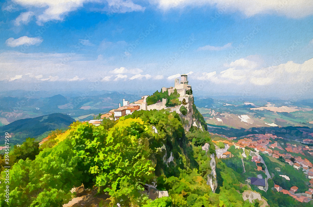 Watercolor drawing of Republic San Marino Prima Torre Guaita first fortress tower with brick walls on Mount Titano stone rock with green trees, aerial panoramic view of valley and hills of suburban