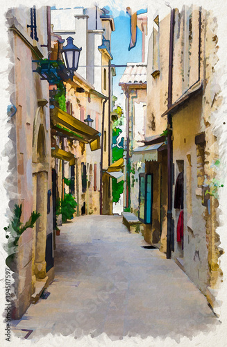 Watercolor drawing of Typical italian cobblestone street with traditional buildings and houses with green plants on walls in old historical city centre San Marino