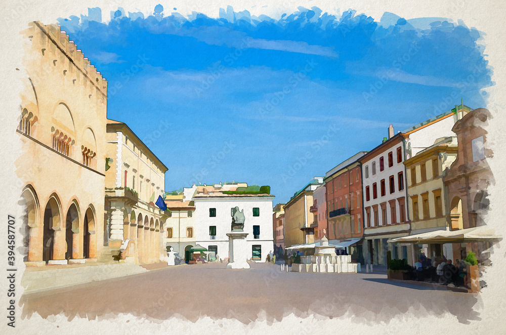 Watercolor drawing of Old colorful multicolored building and houses and Pope Paul V monument on Piazza Cavour square in historical city centre Rimini with blue sky background, Emilia-Romagna, Italy
