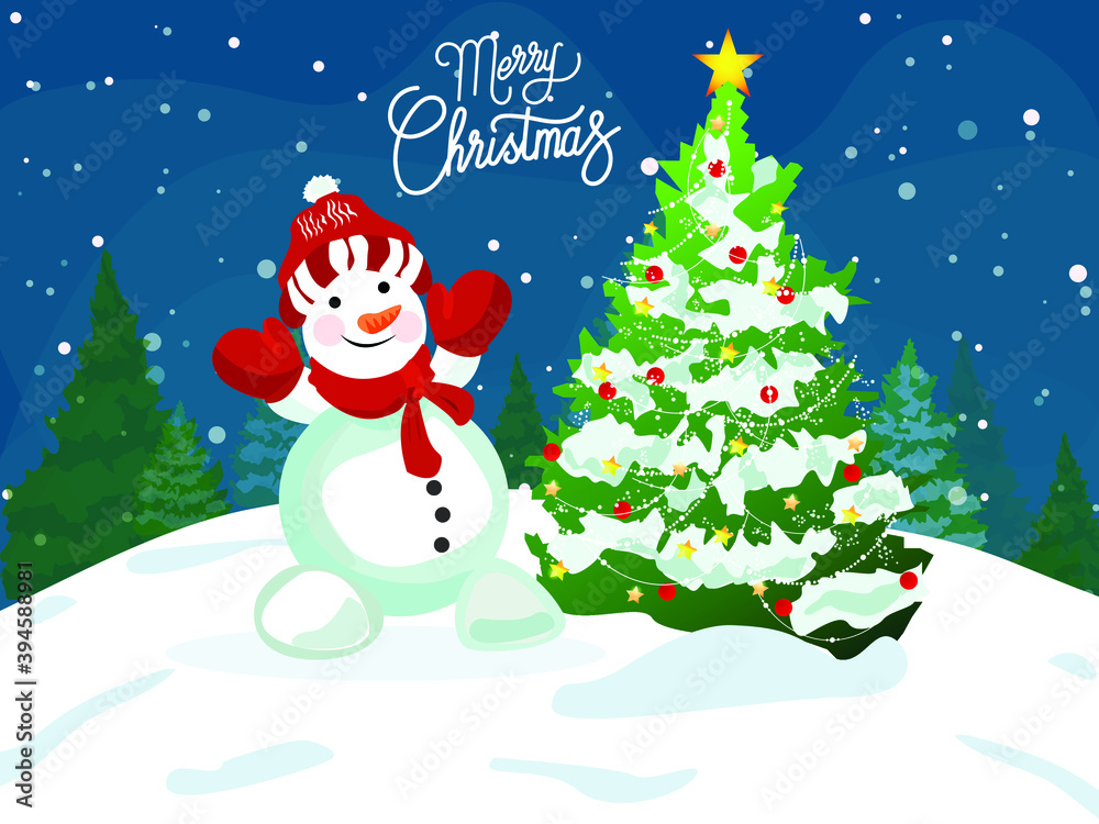 Winter Snowman Christmas background Vector illustration. Snowflakes sky. falling snow and Christmas tree sign, for graphic, landscape, copy space, sale, merry christmas Winter Snowman Christmas background Vector illustration. Snowflakes sky. falling snow and Christmas tree sign, for graphic, landscape, copy space, sale, merry christmas