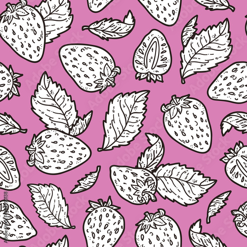 Vector doodle seamless pattern with strawberries for wallpaper, web page background, surface textures, textile, scrap book, design fabric, menu