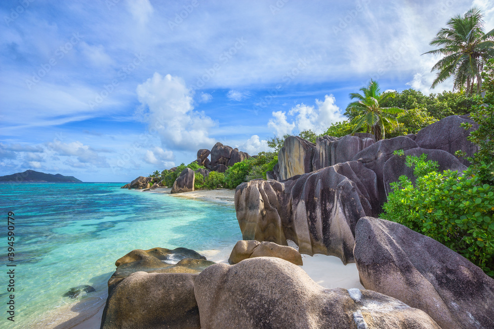 beautiful tropical beach at anse source d'argent, la digue, seychelles