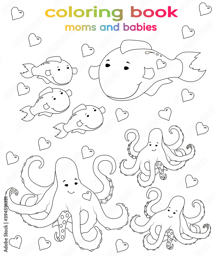 Coloring book. Sea mothers and their babies. Dolphin with cubs, octopus and small octopuses. Line art design for children coloring.