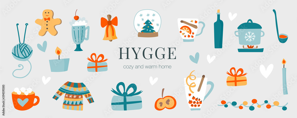 Vector illustration with Hygge lettering and cozy household items such as candles, sweater, gift, tea, mulled wine. Danish concept of winter New Year. Clip-art for greeting card, hand drawn christmas