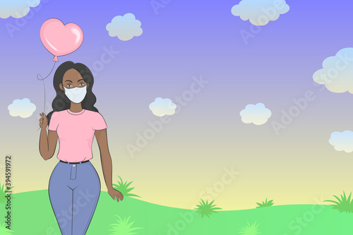 African woman in mask hold heart shaped helium balloon. Vector illustration.