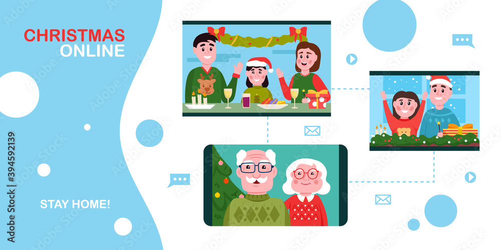 Christmas online. People using video conference service for collective holiday virtual celebration, xmas party online with family from home. New normal Christmas celebrating. Vector illustration.