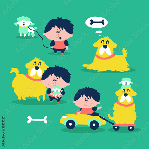 vector set of hand drawn boys and dogs
