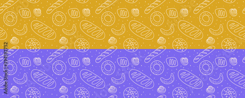 Bakery shop background with vector bread icons. Cooking courses design. Purple colored seamless pattern for pastry label design, bread packaging, culinary blog, branding cafe. Flat ochre backdrop.
