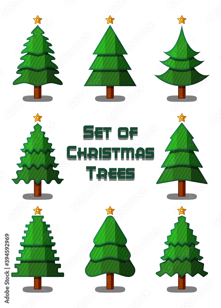 Set of Christmas Trees, Fir Trees with Stars, Winter Holiday Symbols Isolated on White. Vector