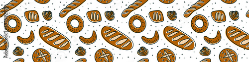 Flat white backdrop. Bakery shop background with vector bread icons. Cooking courses design. Bakery seamless pattern for pastry label design, bread packaging, culinary blog, branding cafe.