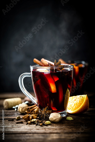 Mulled wine, hot warming drink with spices