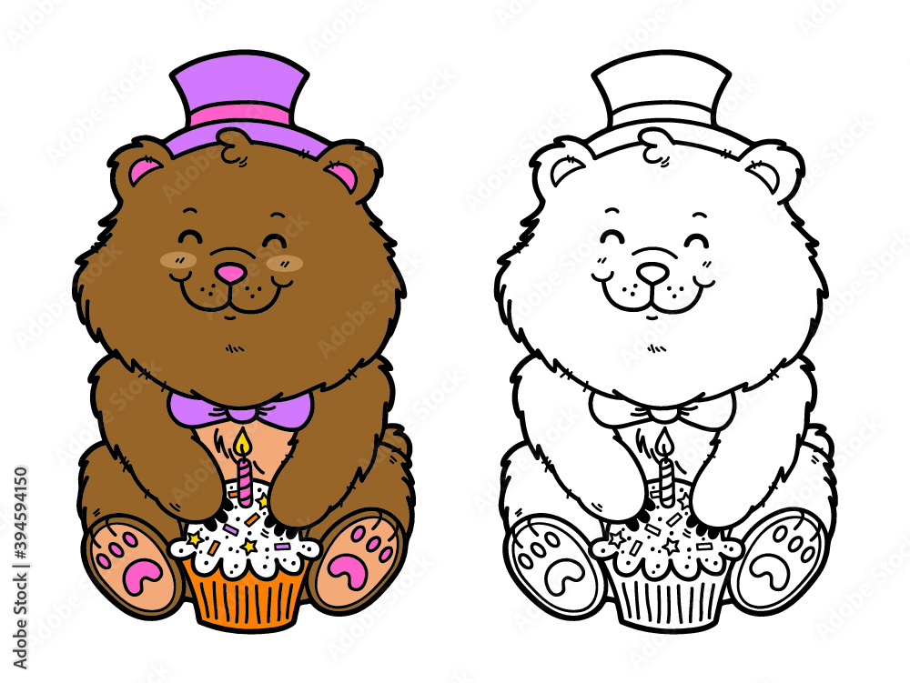 Vector illustration coloring page of happy cartoon bear with birthday ...