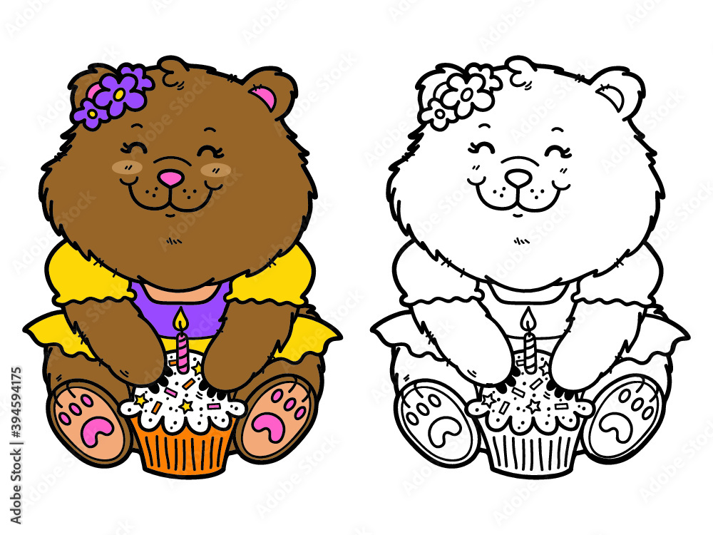 Vector illustration coloring page of happy cartoon bear with birthday