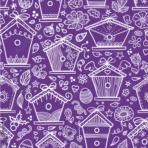 Vector seamless pattern with hand-drawn bird houses and other elements