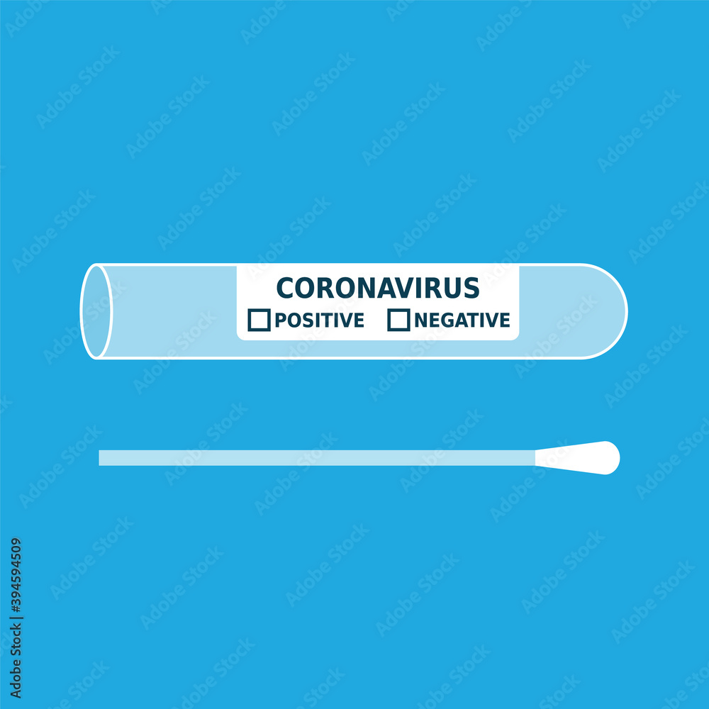 Coronavirus swab in test tube. Blank test sample for COVID-19 diagnostics. Cotton stick for nasal or saliva swab. Color icon on blue background. PCR testing. Vector illustration, flat style, clip art Coronavirus swab in test tube. Blank test sample for COVID-19 diagnostics. Cotton stick for nasal or saliva swab. Color icon on blue background. PCR testing. Vector illustration, flat style, clip art