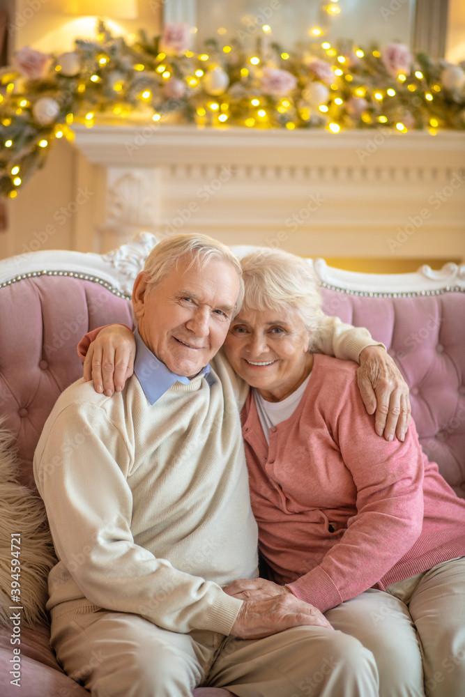 Senior couple sitting on a sofa and hugging Senior couple sitting on a sofa and hugging